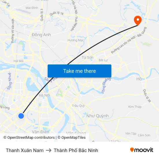 Thanh Xuân Nam to Thành Phố Bắc Ninh map