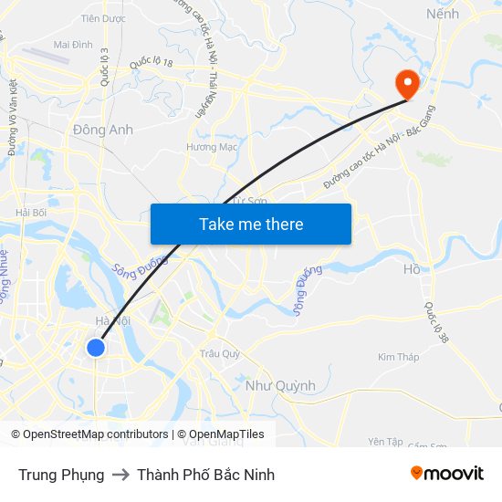 Trung Phụng to Thành Phố Bắc Ninh map