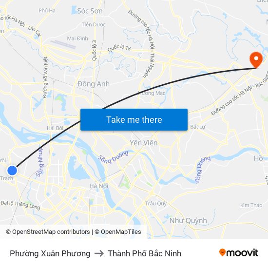 Phường Xuân Phương to Thành Phố Bắc Ninh map