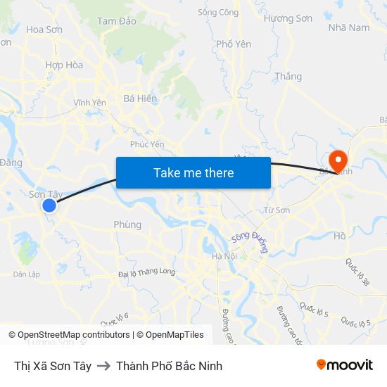 Thị Xã Sơn Tây to Thành Phố Bắc Ninh map