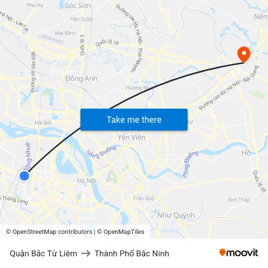 Quận Bắc Từ Liêm to Thành Phố Bắc Ninh map