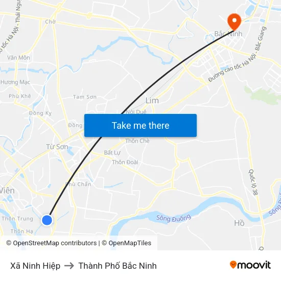Xã Ninh Hiệp to Thành Phố Bắc Ninh map