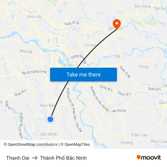 Thanh Oai to Thành Phố Bắc Ninh map