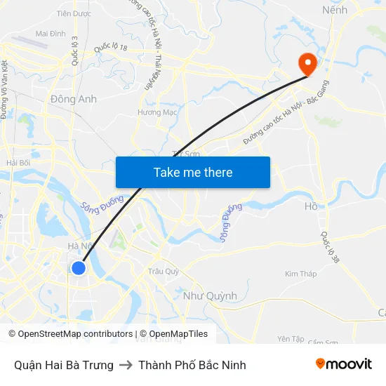 Quận Hai Bà Trưng to Thành Phố Bắc Ninh map