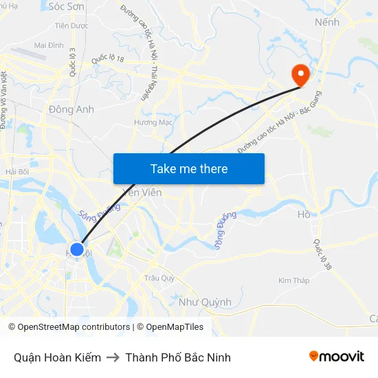 Quận Hoàn Kiếm to Thành Phố Bắc Ninh map