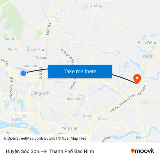 Huyện Sóc Sơn to Thành Phố Bắc Ninh map