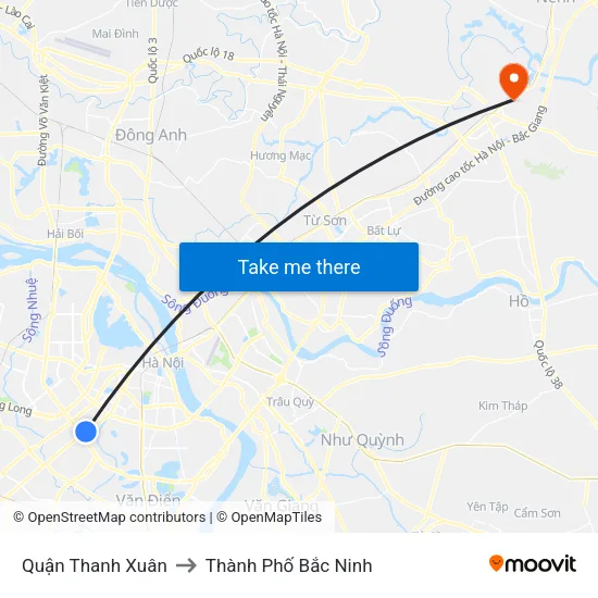 Quận Thanh Xuân to Thành Phố Bắc Ninh map