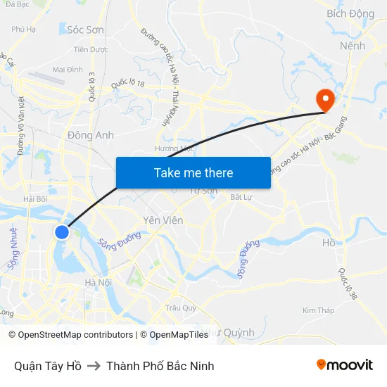 Quận Tây Hồ to Thành Phố Bắc Ninh map