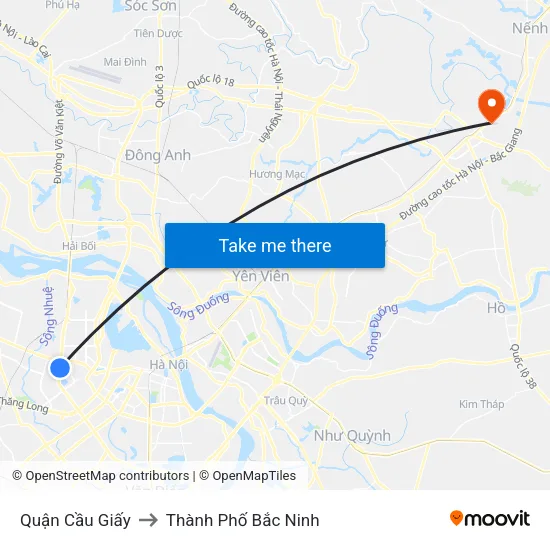 Quận Cầu Giấy to Thành Phố Bắc Ninh map