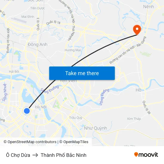 Ô Chợ Dừa to Thành Phố Bắc Ninh map
