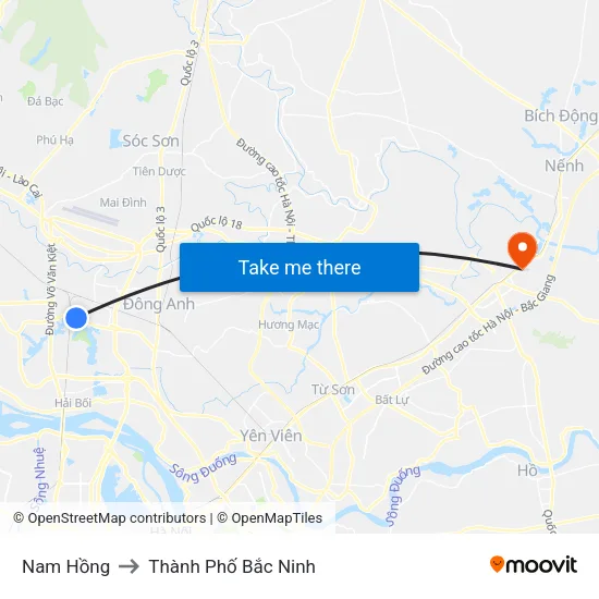 Nam Hồng to Thành Phố Bắc Ninh map