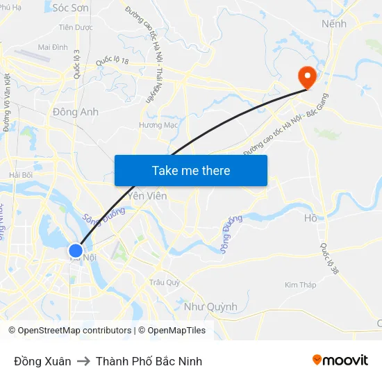 Đồng Xuân to Thành Phố Bắc Ninh map