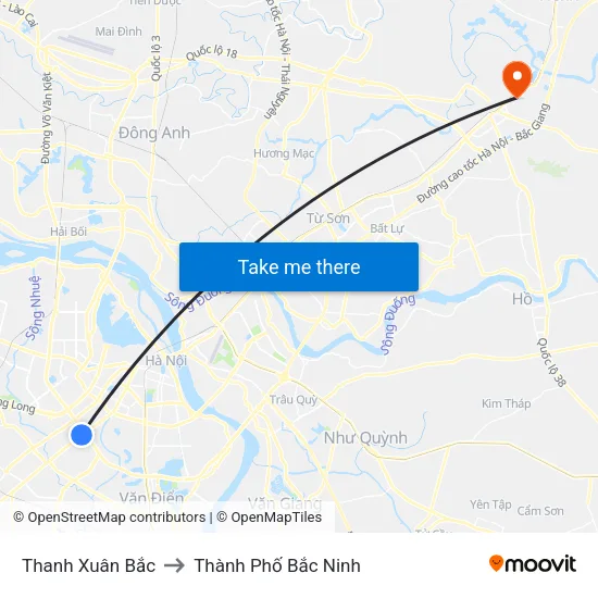 Thanh Xuân Bắc to Thành Phố Bắc Ninh map