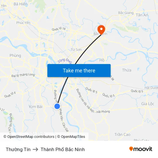 Thường Tín to Thành Phố Bắc Ninh map