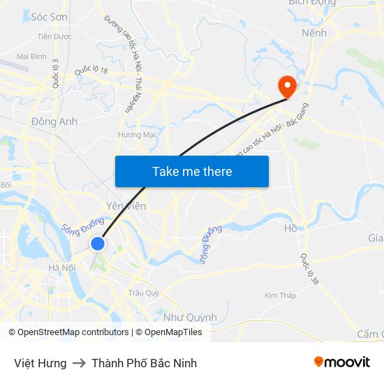 Việt Hưng to Thành Phố Bắc Ninh map