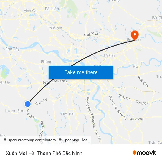 Xuân Mai to Thành Phố Bắc Ninh map