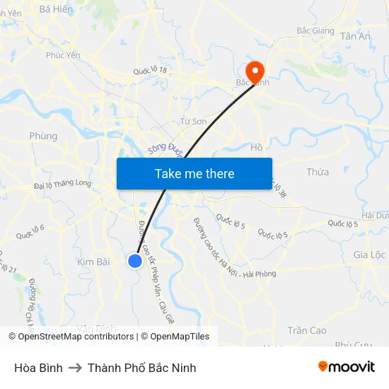 Hòa Bình to Thành Phố Bắc Ninh map