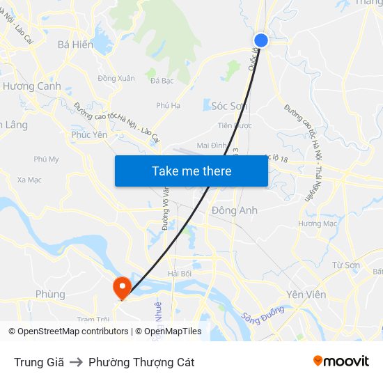 Trung Giã to Phường Thượng Cát map