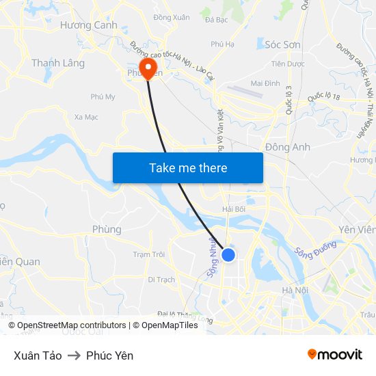 Xuân Tảo to Phúc Yên map