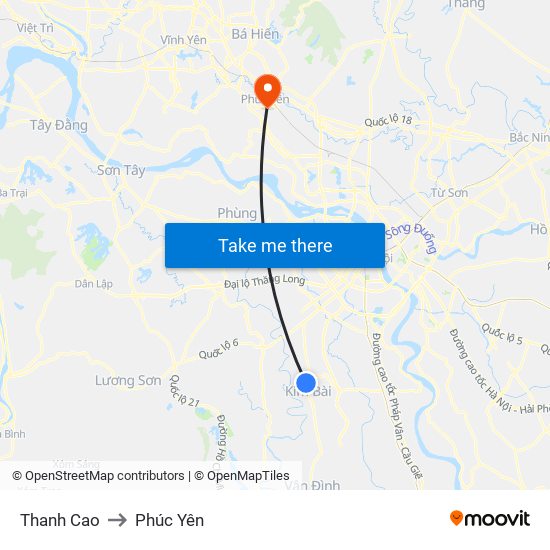 Thanh Cao to Phúc Yên map