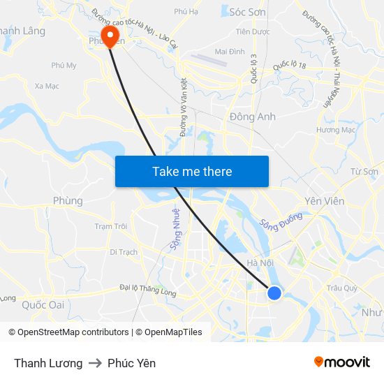 Thanh Lương to Phúc Yên map