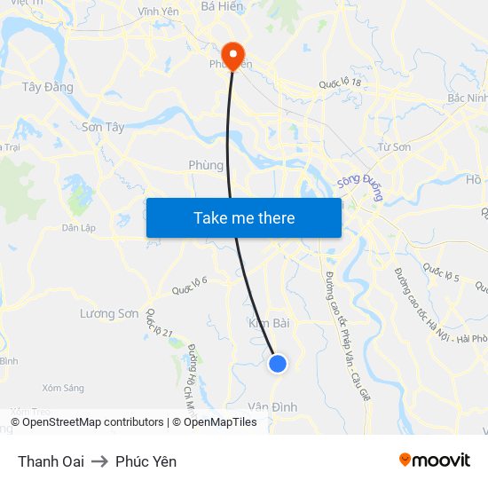 Thanh Oai to Phúc Yên map