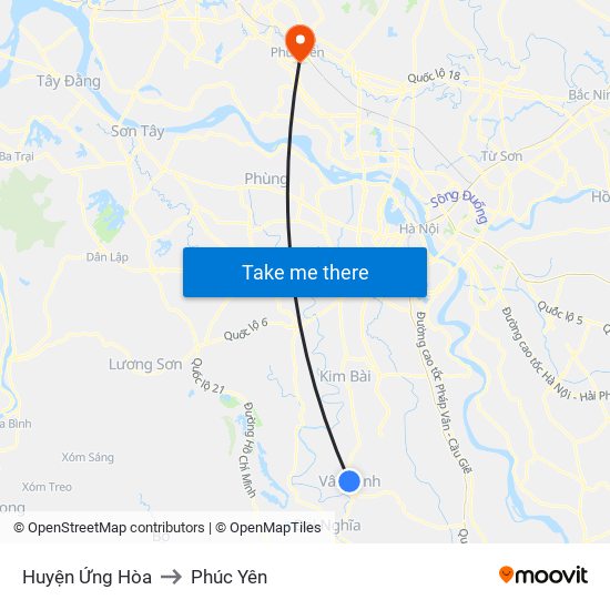 Huyện Ứng Hòa to Phúc Yên map