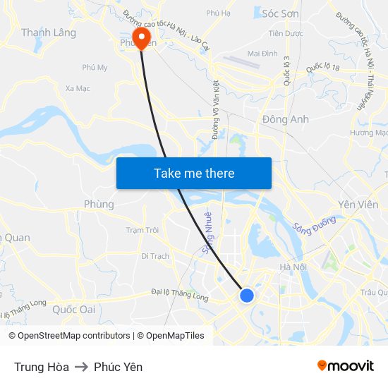 Trung Hòa to Phúc Yên map