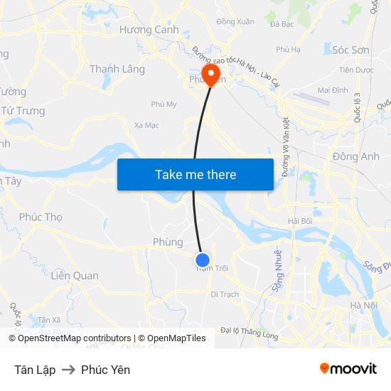 Tân Lập to Phúc Yên map