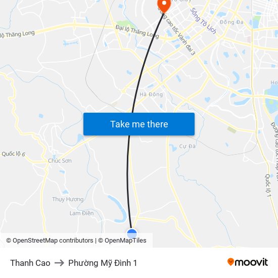 Thanh Cao to Phường Mỹ Đình 1 map