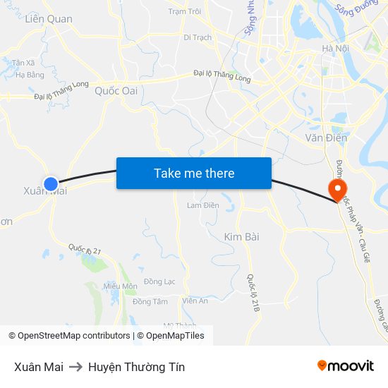 Xuân Mai to Huyện Thường Tín map