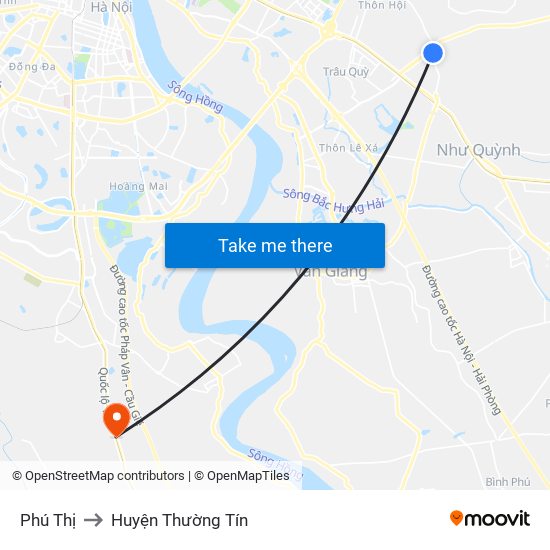 Phú Thị to Huyện Thường Tín map