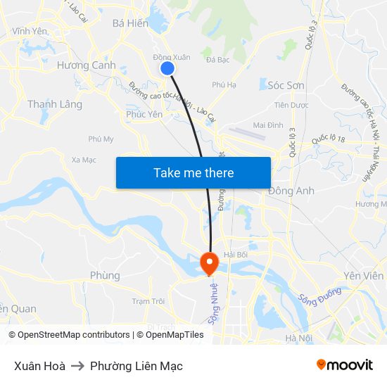 Xuân Hoà to Phường Liên Mạc map