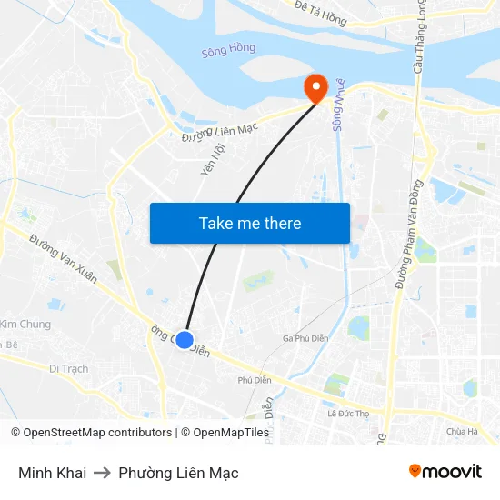 Minh Khai to Phường Liên Mạc map