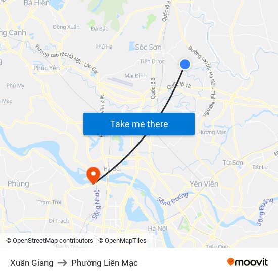 Xuân Giang to Phường Liên Mạc map