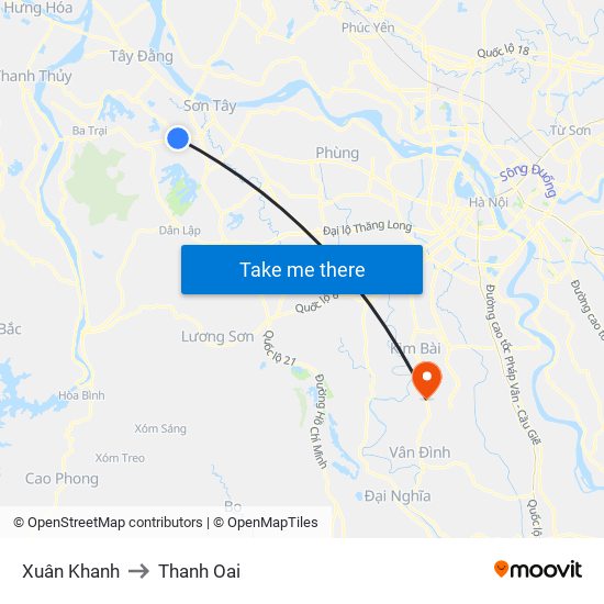 Xuân Khanh to Thanh Oai map