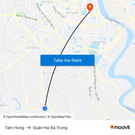 Tam Hưng to Quận Hai Bà Trưng map