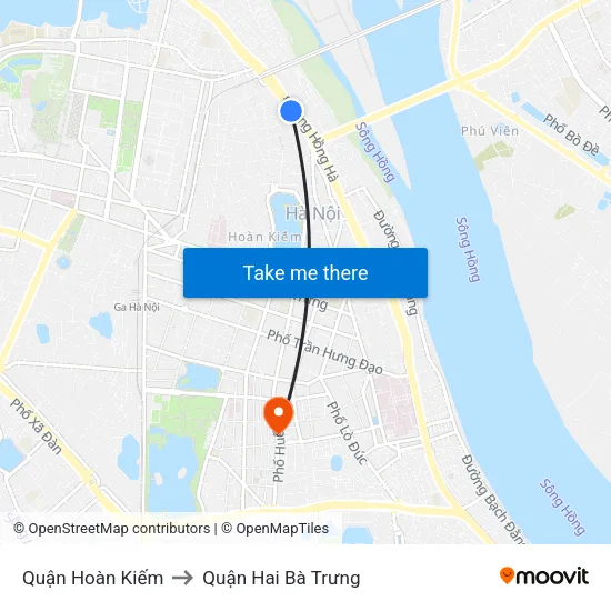Quận Hoàn Kiếm to Quận Hai Bà Trưng map
