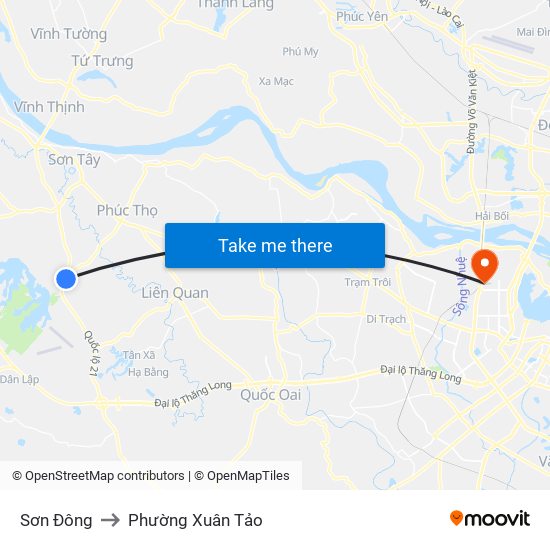 Sơn Đông to Phường Xuân Tảo map
