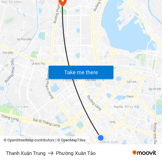 Thanh Xuân Trung to Phường Xuân Tảo map