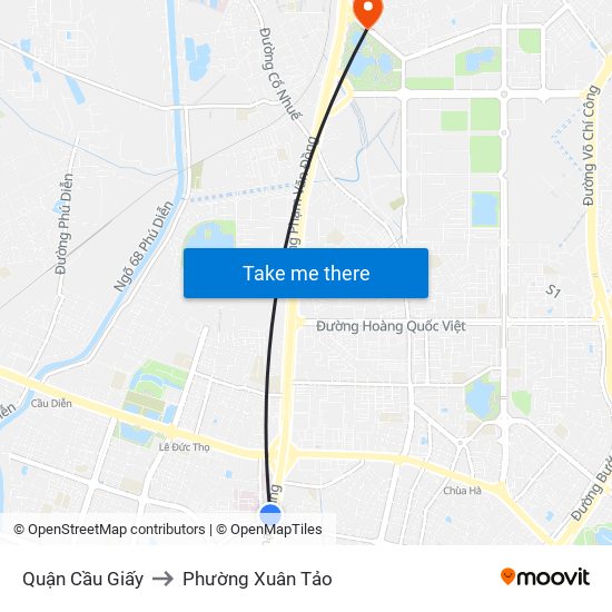 Quận Cầu Giấy to Phường Xuân Tảo map