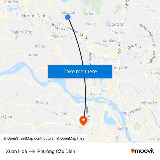 Xuân Hoà to Phường Cầu Diễn map