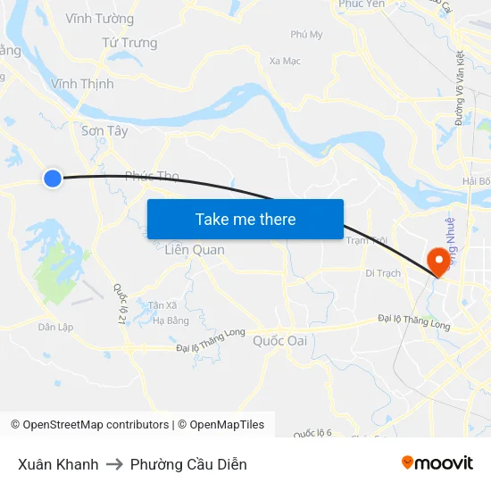 Xuân Khanh to Phường Cầu Diễn map
