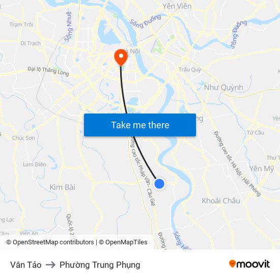 Vân Tảo to Phường Trung Phụng map