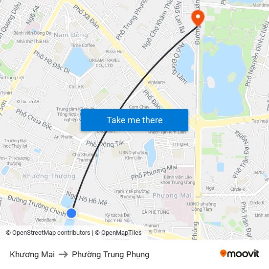 Khương Mai to Phường Trung Phụng map