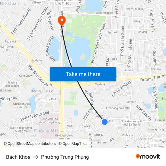 Bách Khoa to Phường Trung Phụng map