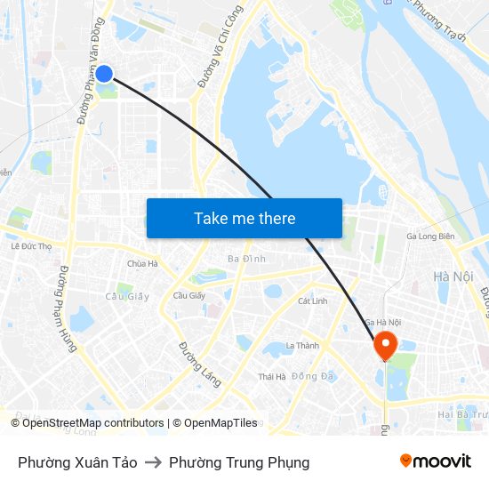 Phường Xuân Tảo to Phường Trung Phụng map