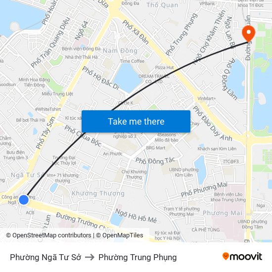 Phường Ngã Tư Sở to Phường Trung Phụng map