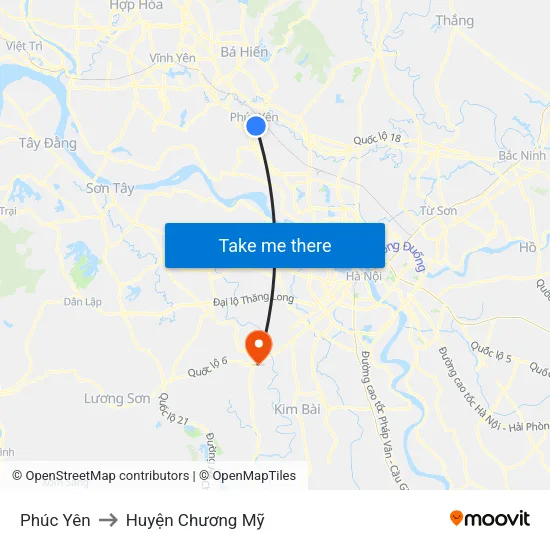 Phúc Yên to Huyện Chương Mỹ map