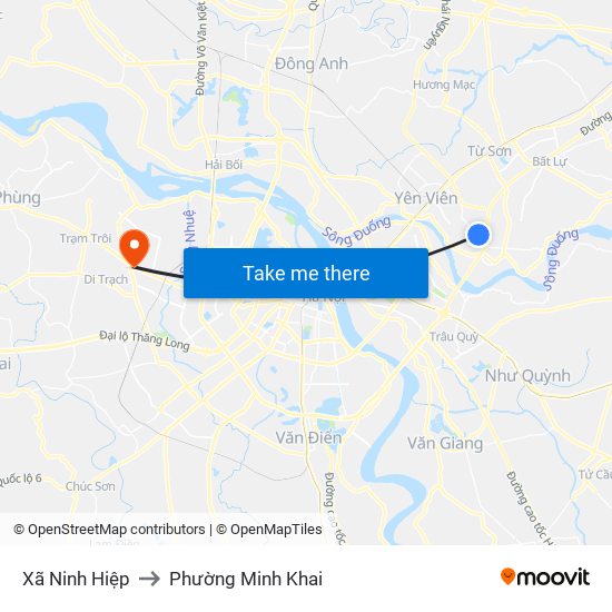 Xã Ninh Hiệp to Phường Minh Khai map